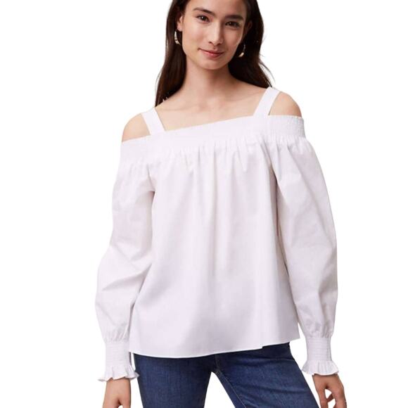 Loft Smocked Off The Shoulder Cotton Blouse Top - Picture 1 of 7